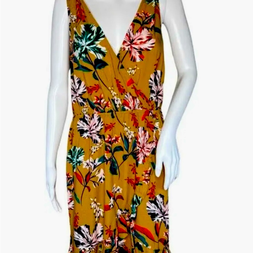 Ochre Floral Ruffle Wrap Dress with button closure